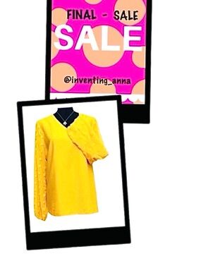 OLIVIA MARK ~ Women’s yellow top w/sheer sleeves and circle accents size M
